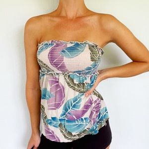 Billabong blue purple strapless tropical leaf smocked elastic top size small